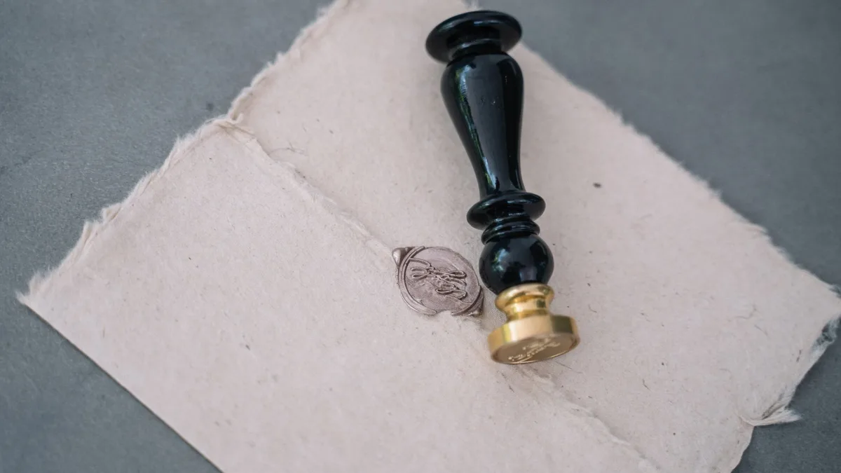 Close-up of a dark circular wax seal pressed onto a rustic paper envelope